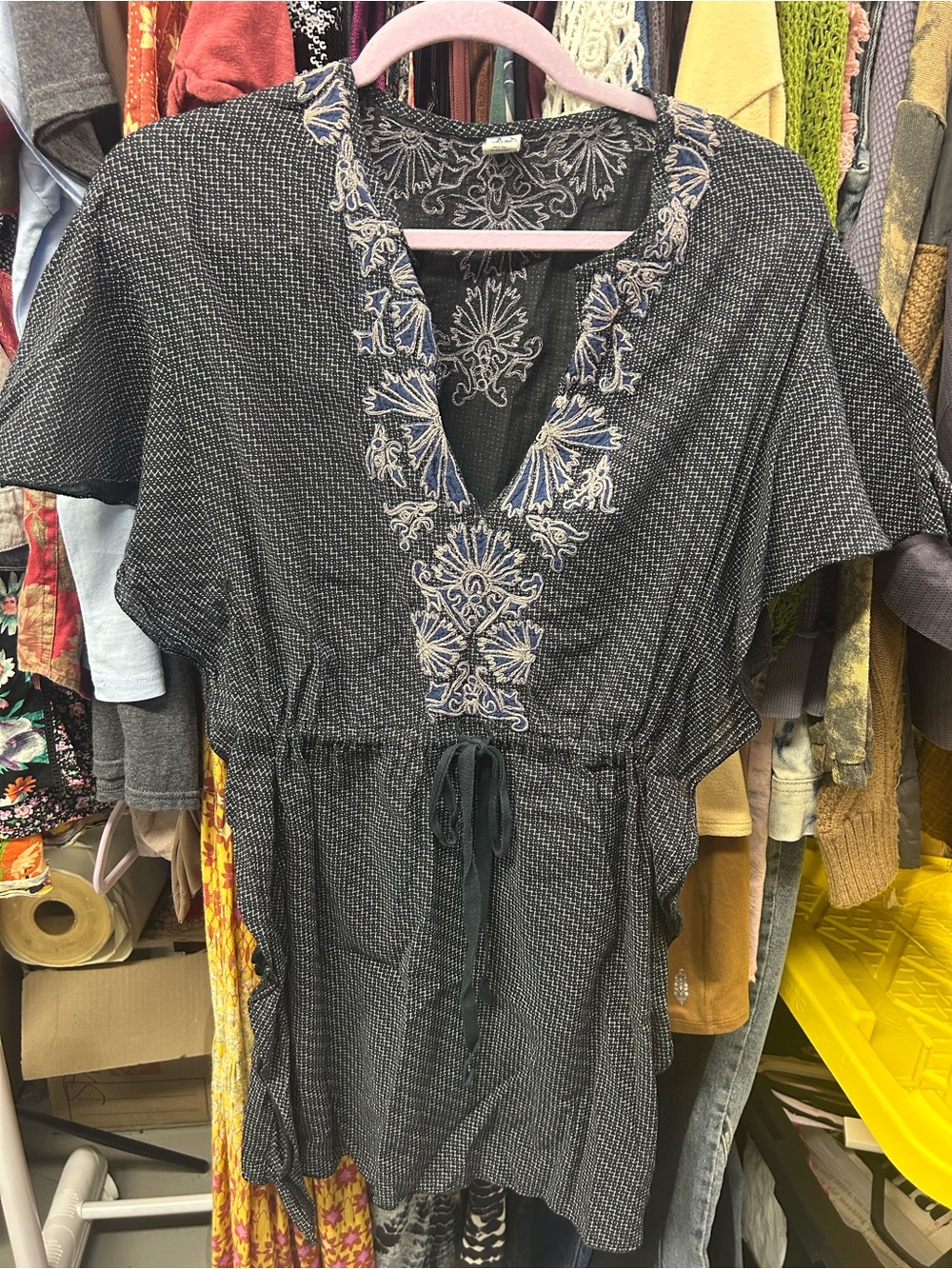 Vintage Free People Embroidered Black Kaftan Drawstring Dress size 2